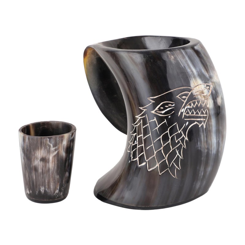 Brainmart Viking Drinking Horn Mug & Cup Set | 6-Piece Collection with 16oz Dire Wolf Engraved Mead & Beer Mug, Shot Glass, Bottle Opener, Leather Strap, Drinking Horn & Stand | Norse Gift for Men - Image 2